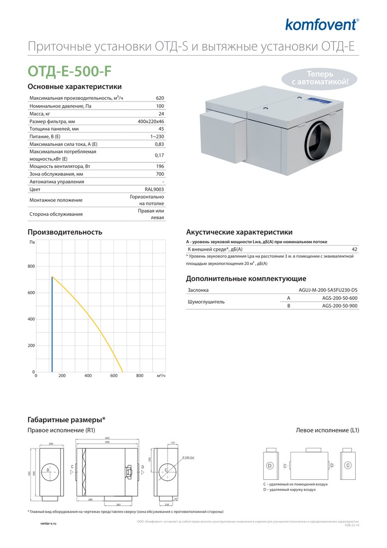 Вытяжная установка Komfovent ОТД-E-500-F-GTC (фильтры M5/M5, с автоматикой GTC)